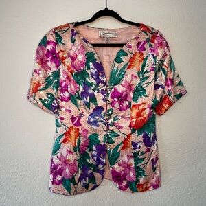 VTG A.J. Bari Pink 100% Silk Sequined Short Sleeve Evening Jacket Womens Size 14